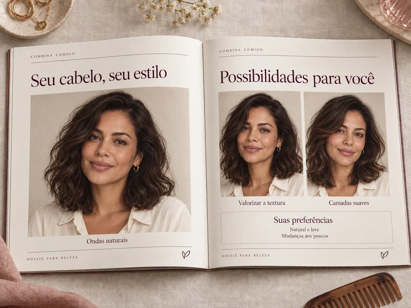 Livro aberto com o retrato de uma mulher, exemplos de cabelos ondulados e preferências de estilo