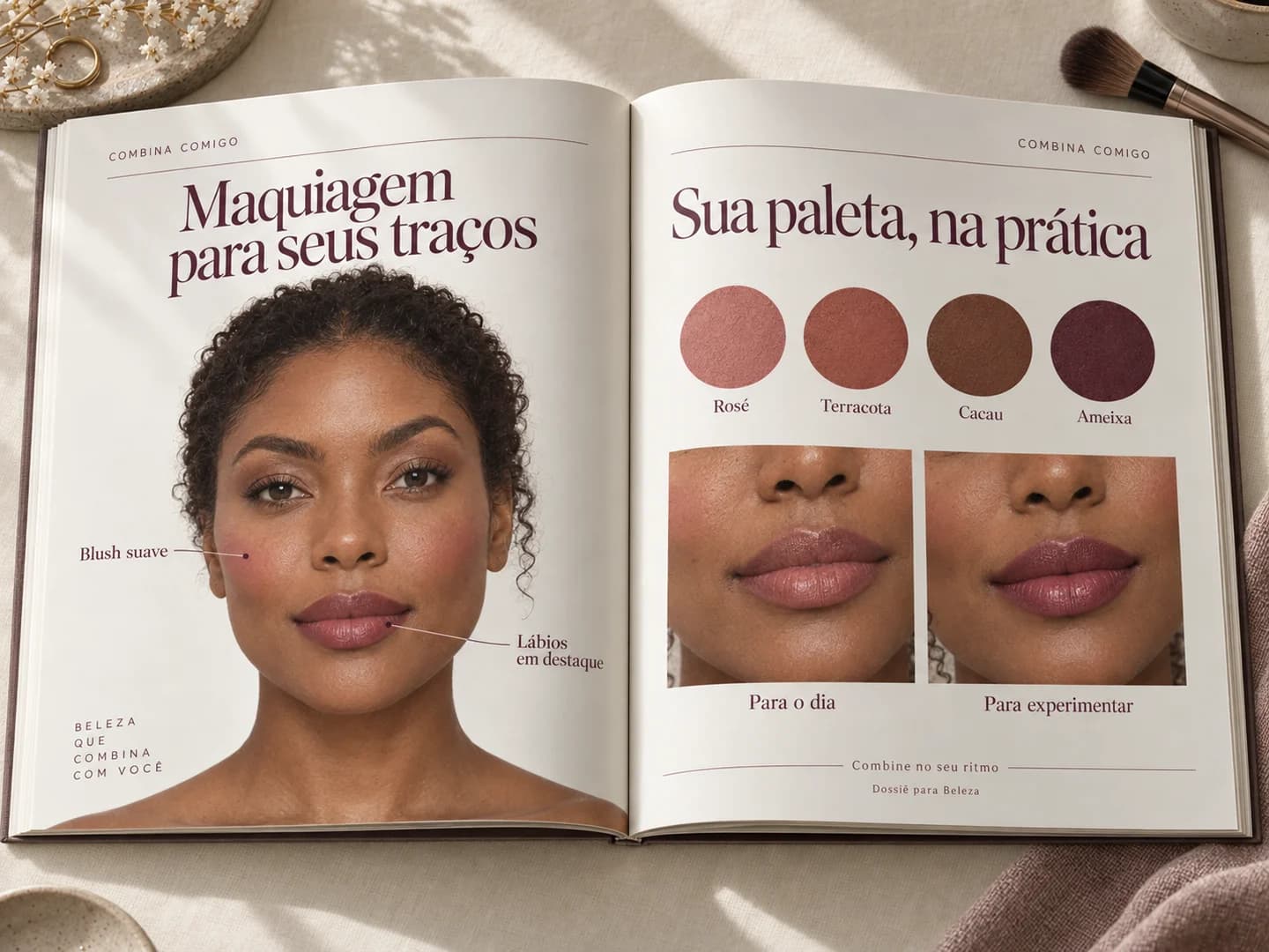 Livro aberto com um mapa de maquiagem, paleta de cores e exemplos de batom em uma mulher