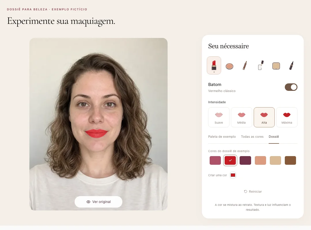 Demonstração dos estúdios: troca de cores de batom e de modelos de óculos no retrato de uma mulher
