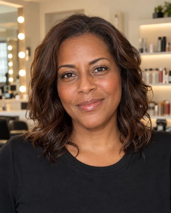 Mulher com cabelo ondulado na altura dos ombros, em um salão