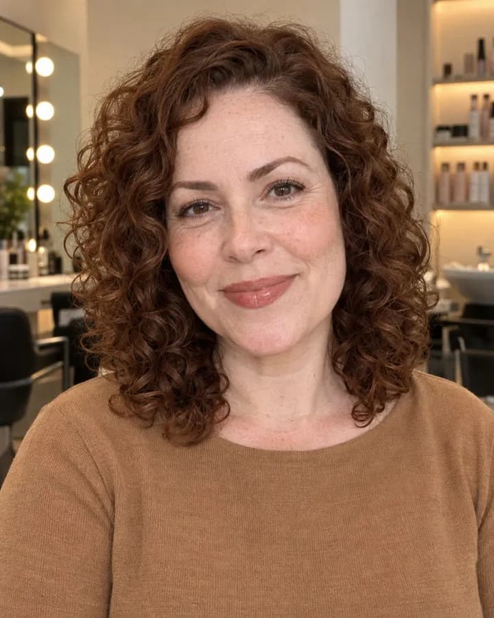 Mulher com cachos ruivos, em um salão