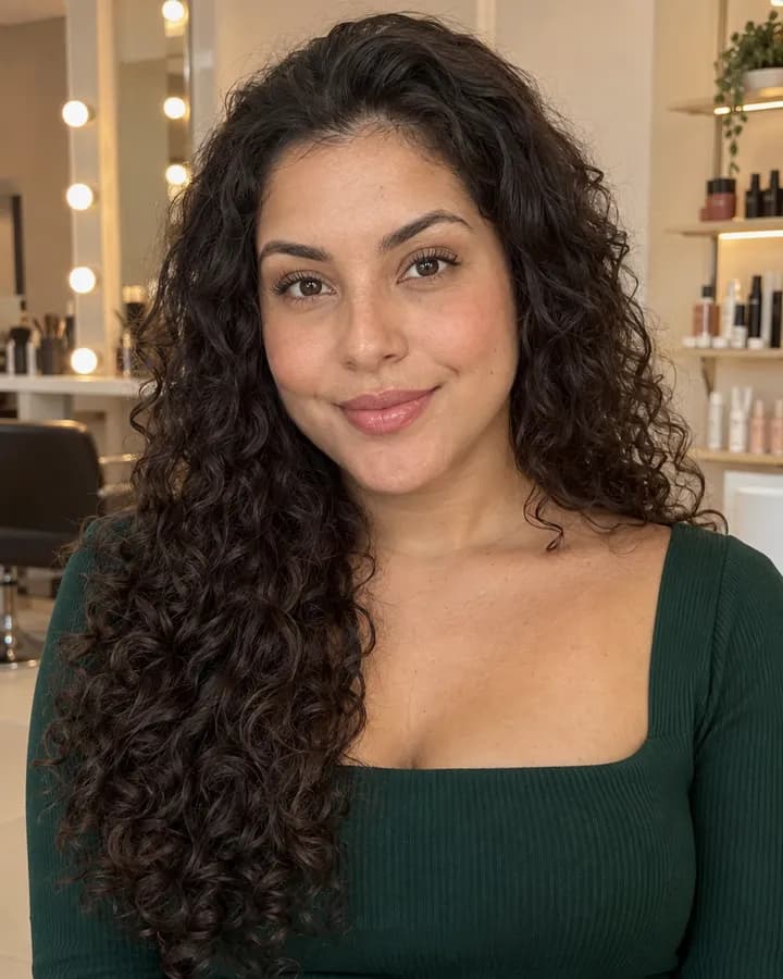 Mulher jovem, com cabelo cacheado longo, em um salão