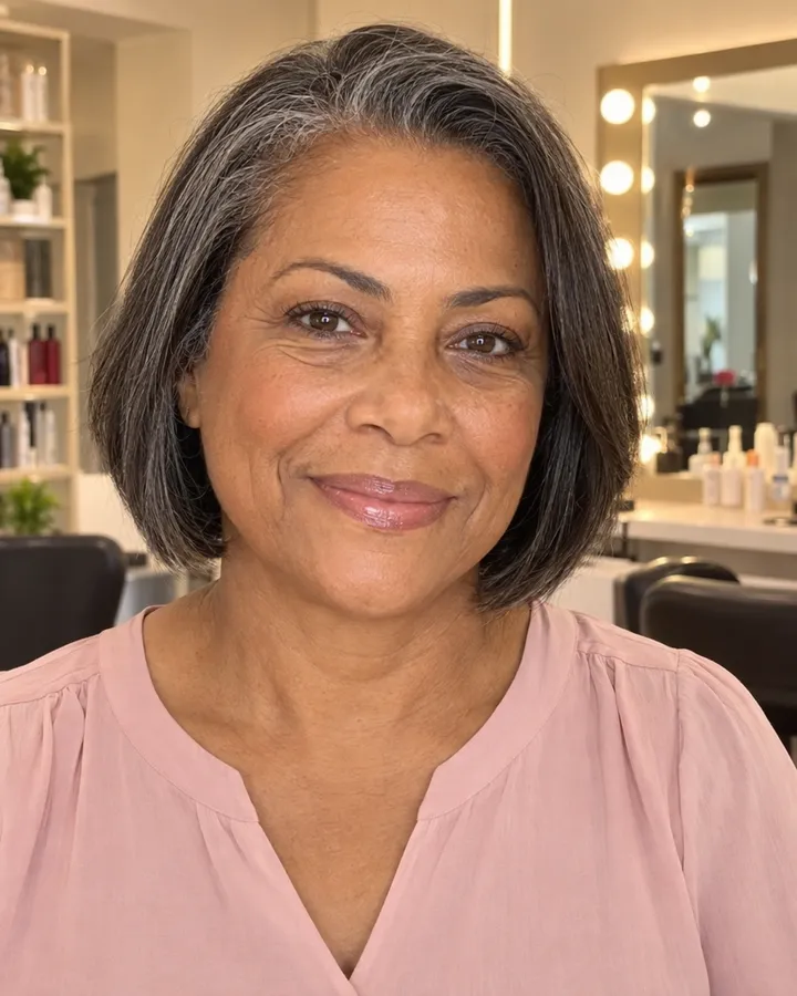 Mulher madura, com cabelo grisalho curto, em um salão