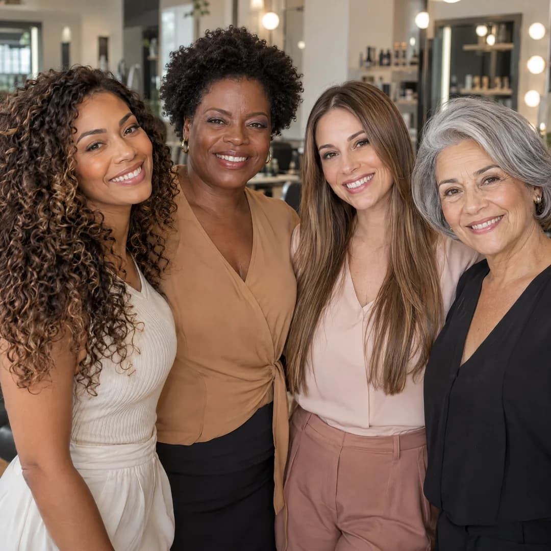 Quatro mulheres de idades, tons de pele e cabelos diferentes, maquiadas e penteadas em um salão