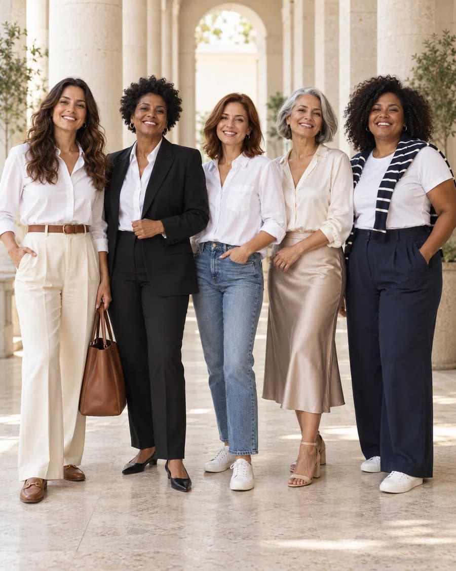 Cinco mulheres de 30 a 60 anos, de corpos diferentes, com camisa branca, alfaiataria, jeans e saia midi de cetim