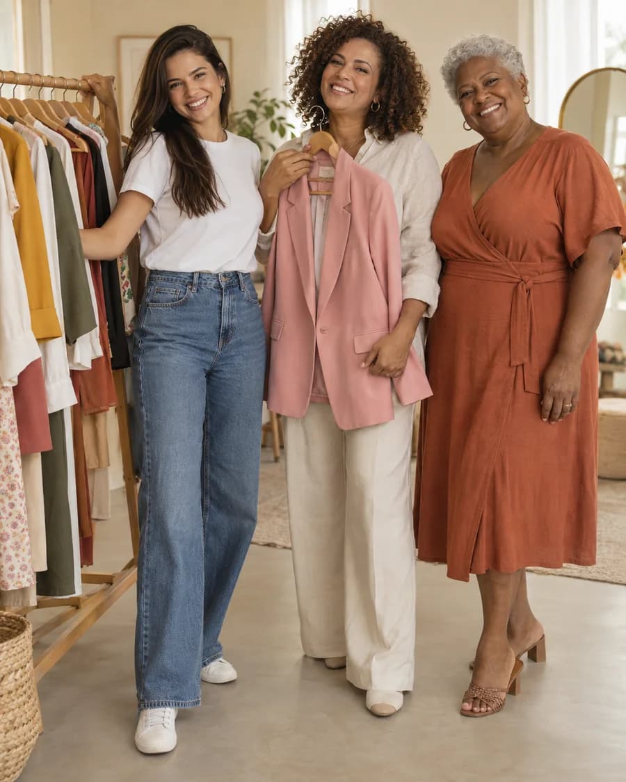 Três mulheres de idades e corpos diferentes ao lado de uma arara de roupas; a do meio segura um blazer rosa no cabide