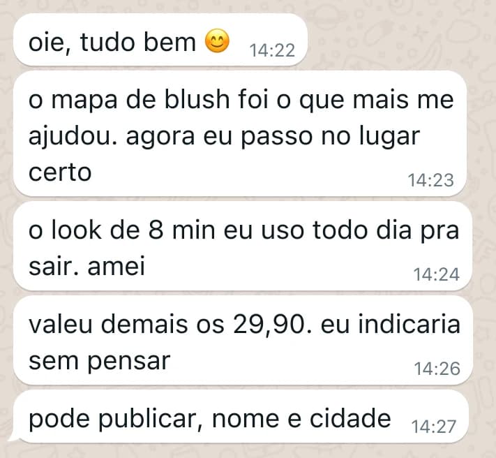 Mensagens de Fernanda no WhatsApp: o mapa de blush foi o que mais me ajudou. agora eu passo no lugar certo / o look de 8 min eu uso todo dia pra sair. amei / valeu demais os 29,90. eu indicaria sem pensar