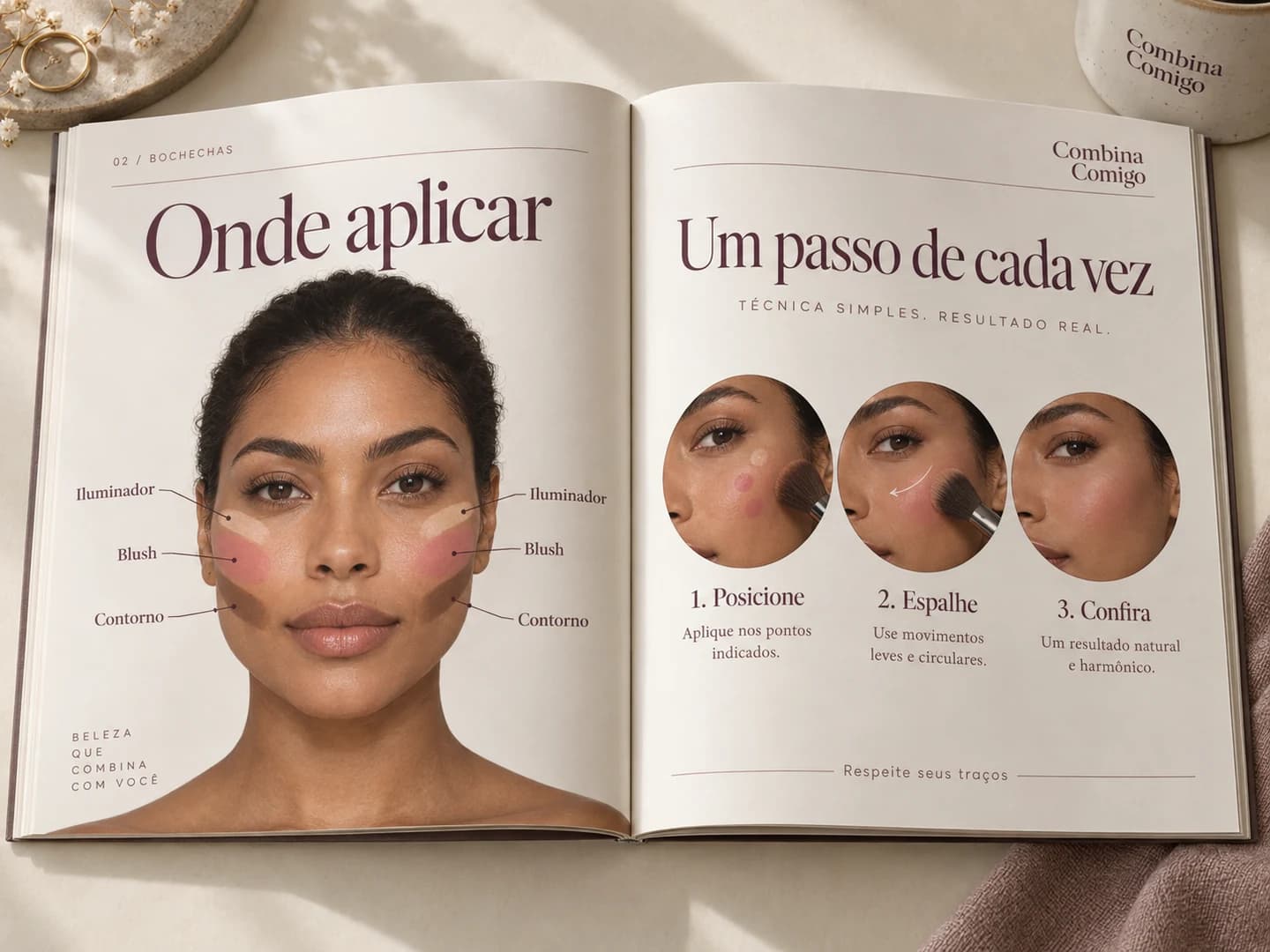 Páginas do guia com rosto ilustrado, áreas de blush, contorno e iluminador destacadas e etapas de aplicação