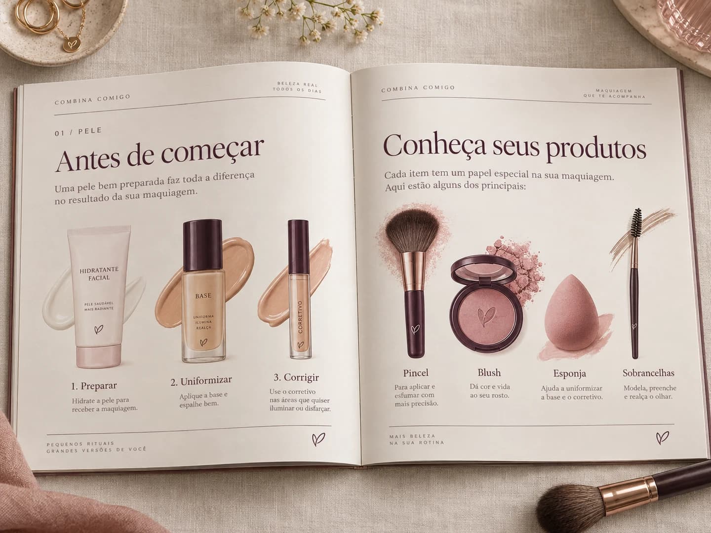 Páginas abertas do guia sobre preparação da pele, produtos, pincéis e esponja